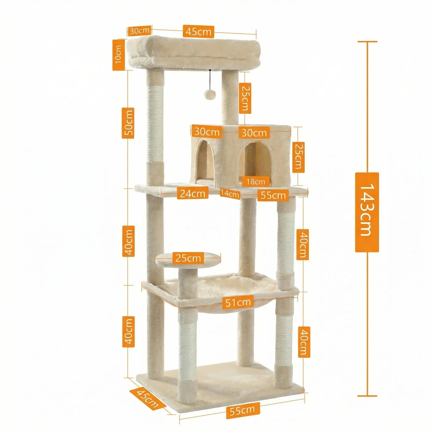 Arbre à Chat 143 cm XL – Stable avec Hamac & Niche (2 à 3 Chats)