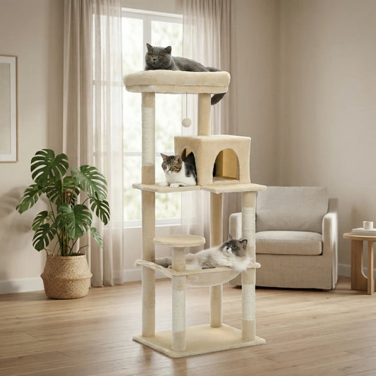 Arbre à Chat 143 cm XL – Stable avec Hamac & Niche (2 à 3 Chats)