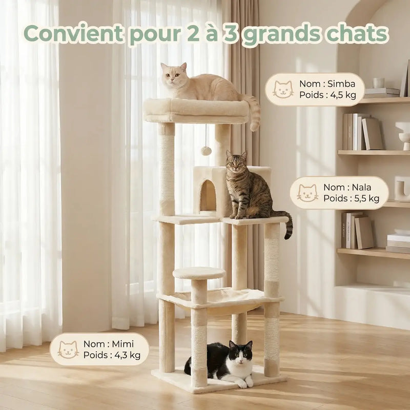 Arbre à Chat 143 cm XL – Stable avec Hamac & Niche (2 à 3 Chats)