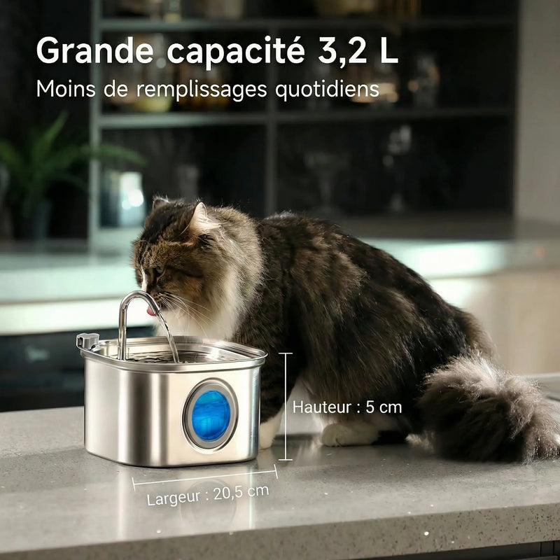 Fontaine à Eau Chat 3,2L en Inox – Ultra Silencieuse & Filtration Continue