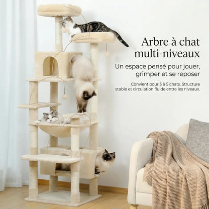 Arbre à Chat XXL Multi-Niveaux – Stable, 3 à 5 Chats, Poteaux en Sisal & Hamac