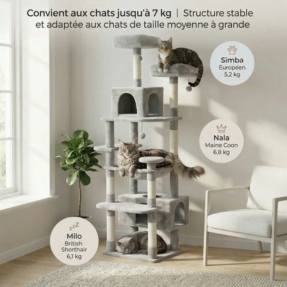 Arbre à Chat XXL Multi-Niveaux – Stable, 3 à 5 Chats, Poteaux en Sisal & Hamac