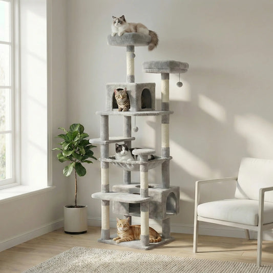 Arbre à Chat XXL Multi-Niveaux – Stable, 3 à 5 Chats, Poteaux en Sisal & Hamac