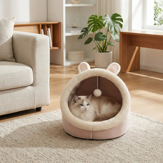 Lit Grotte Cocoon pour Chat – Panier Doux Semi-Fermé avec Coussin Amovible