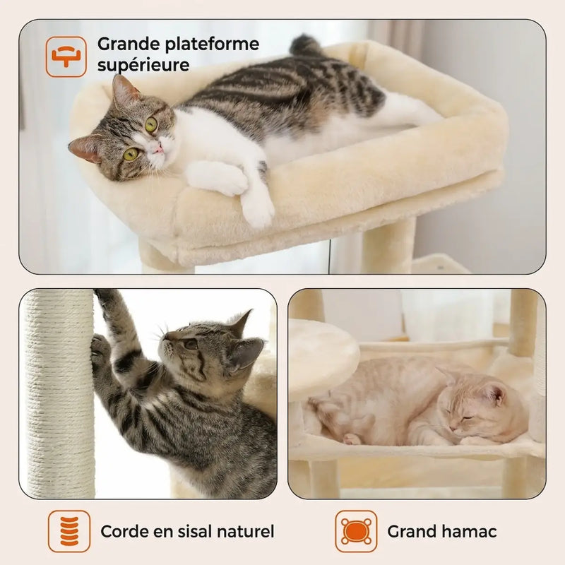 Arbre à Chat 143 cm XL – Stable avec Hamac & Niche (2 à 3 Chats)
