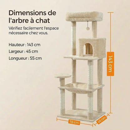 Arbre à Chat 143 cm XL – Stable avec Hamac & Niche (2 à 3 Chats)