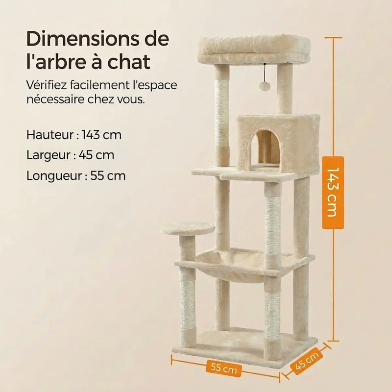 Arbre à Chat 143 cm XL – Stable avec Hamac & Niche (2 à 3 Chats)